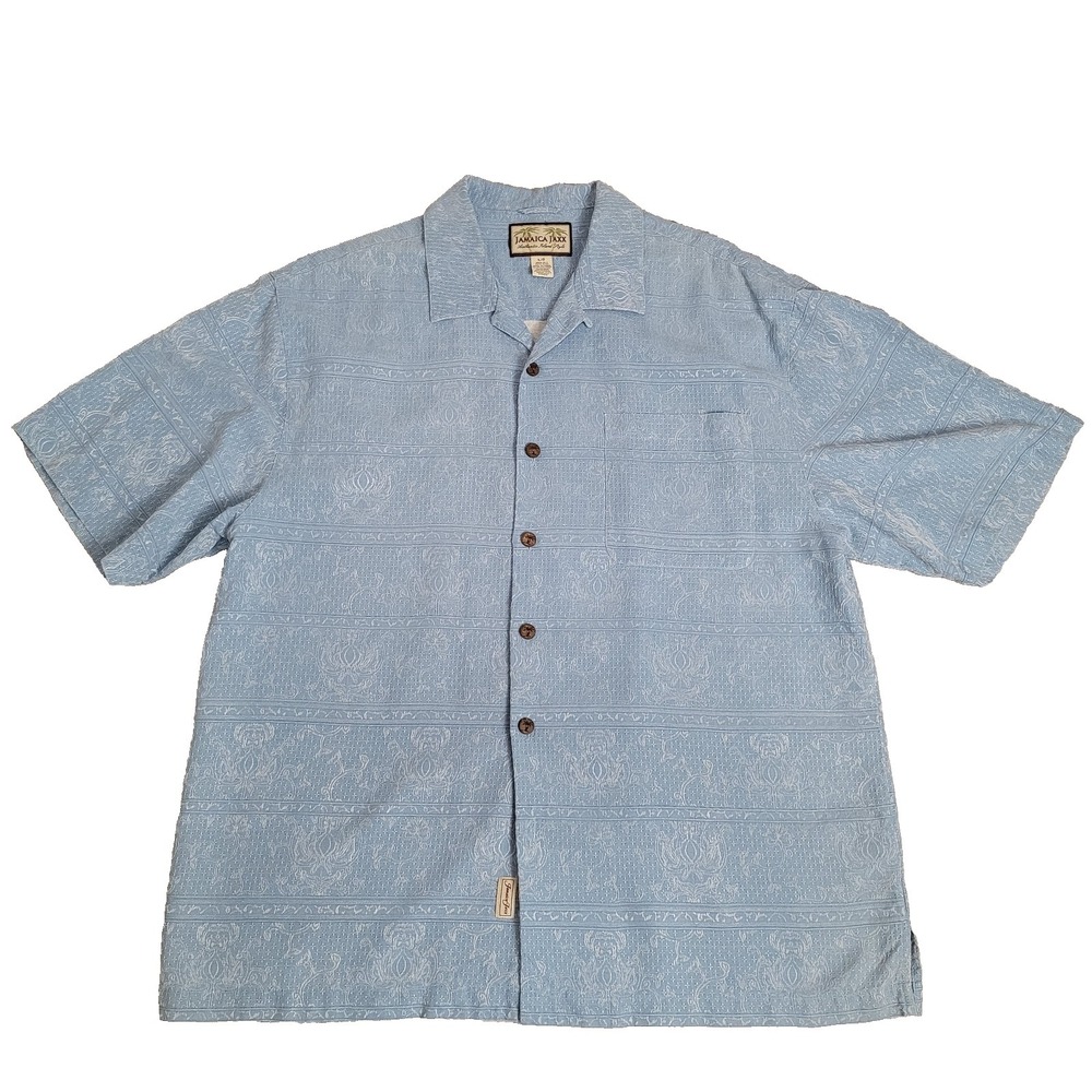 Jamaica Jaxx Shirt Men's Large 100%‎ Silk Tropical Blue Hawaiian Island Wear